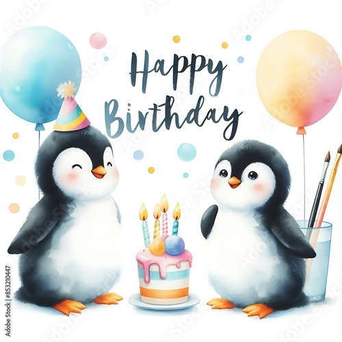 Canvas Print Happy birthday wallpaper with penguins animal and celebration cakes, colorful ba