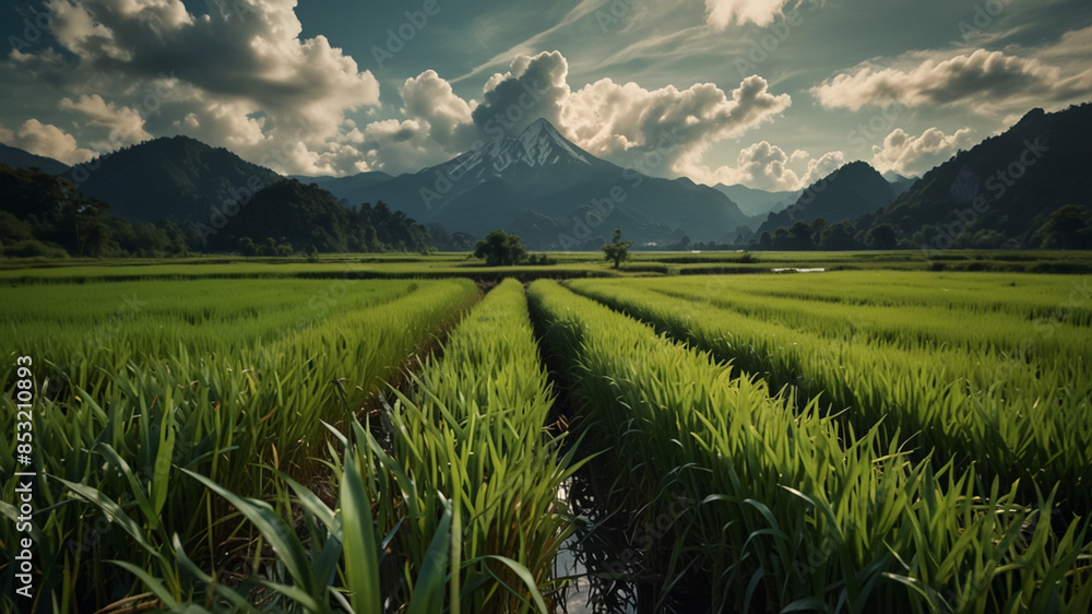 Fototapeta premium views of mountains and rice fields