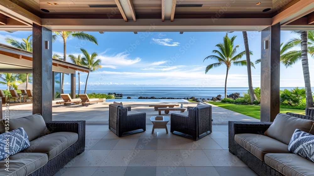 Fototapeta premium オーシャンビューとヤシの木を望む屋外ラウンジ