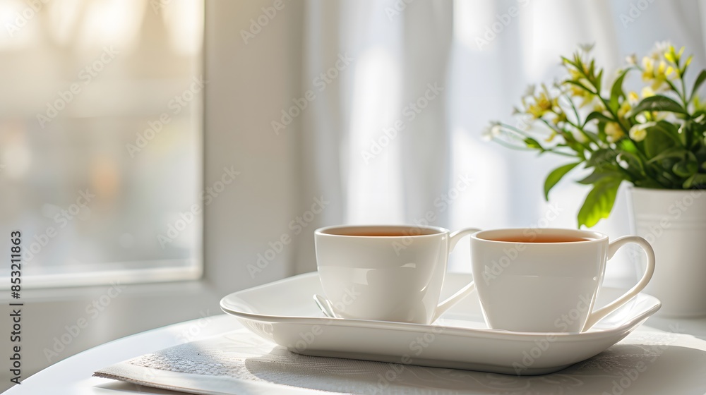 白いトレイに置かれた紅茶の入った2客のティーカップ 白いトレイに置かれた紅茶の入った2客のティーカップ