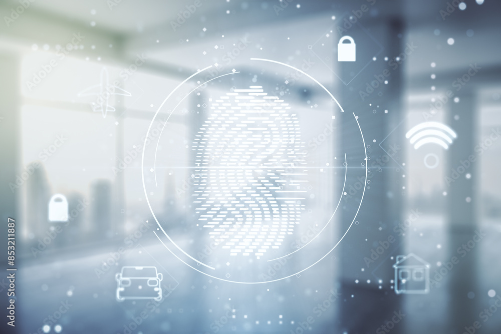 Obraz premium Double exposure of virtual creative fingerprint hologram on empty modern office background, research and development concept