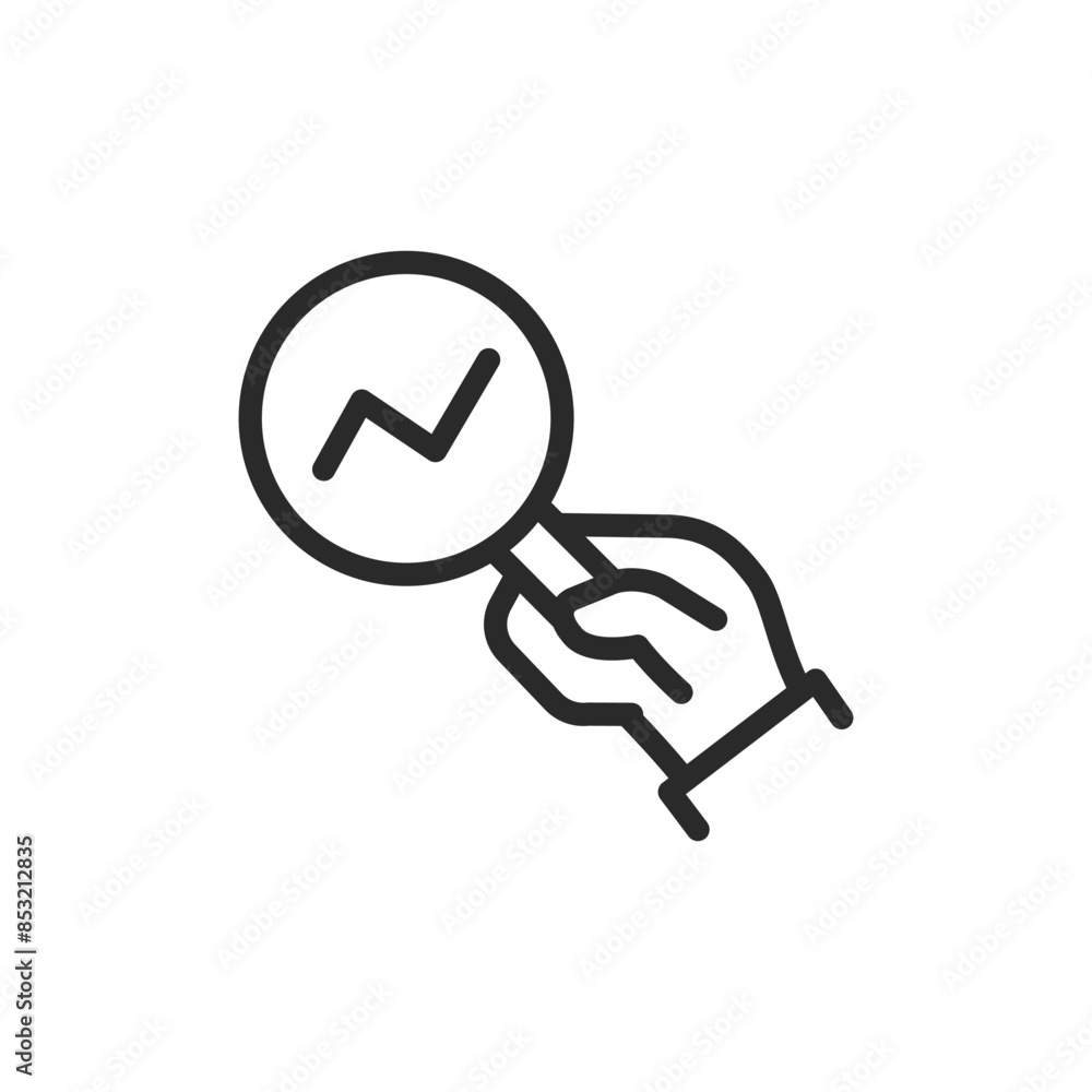 Reviewing statistical metrics and report, linear style icon. Growth chart and magnifying glass in hand. Editable stroke width Reviewing statistical metrics and report, linear style icon. Growth chart and magnifying glass in hand. Editable stroke width