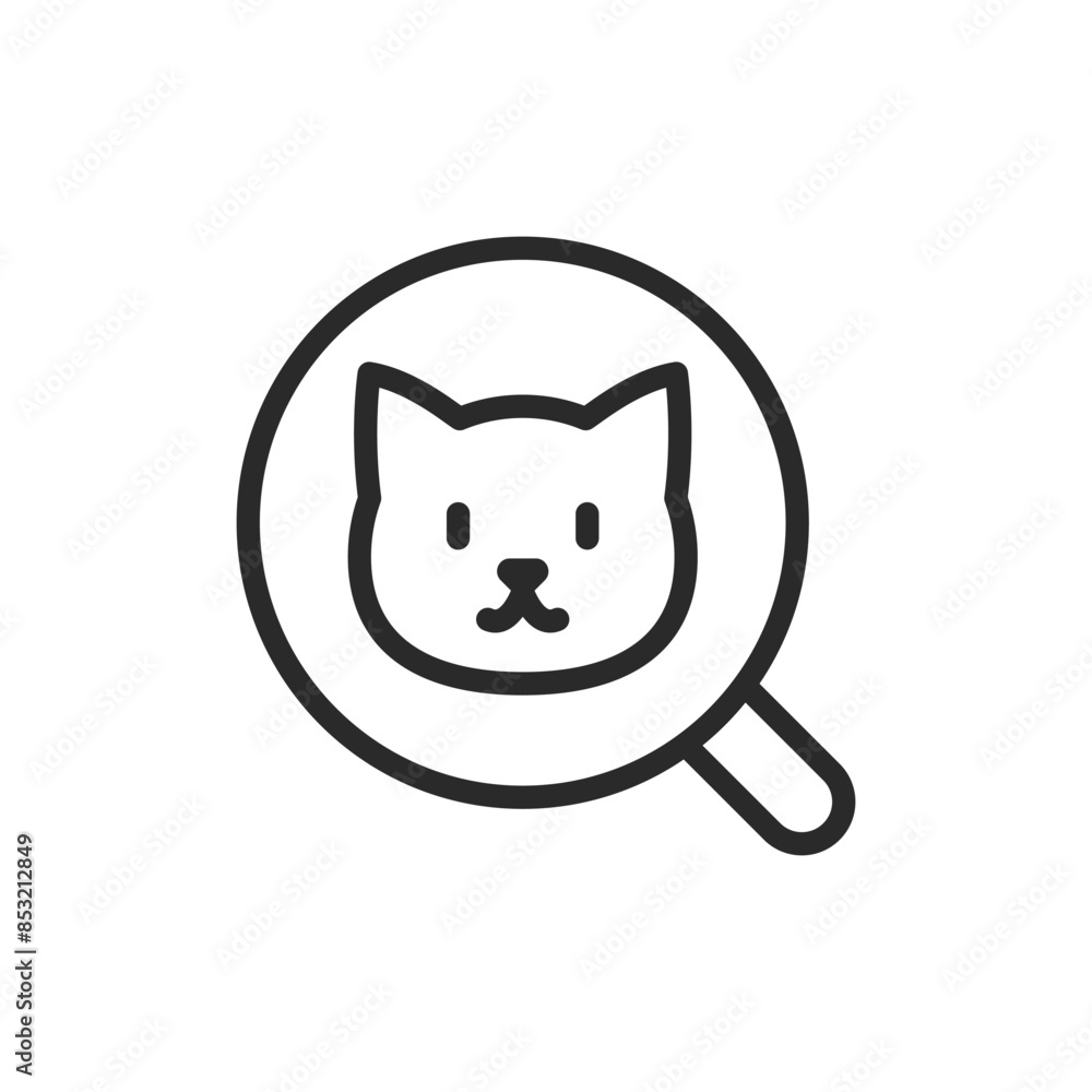 Animal search, linear style icon. Magnifying glass and cat. Editable stroke width Animal search, linear style icon. Magnifying glass and cat. Editable stroke width
