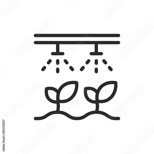 Irrigation system, linear style icon. An irrigation system, watering plants and managing water resources in agriculture. Editable stroke width.