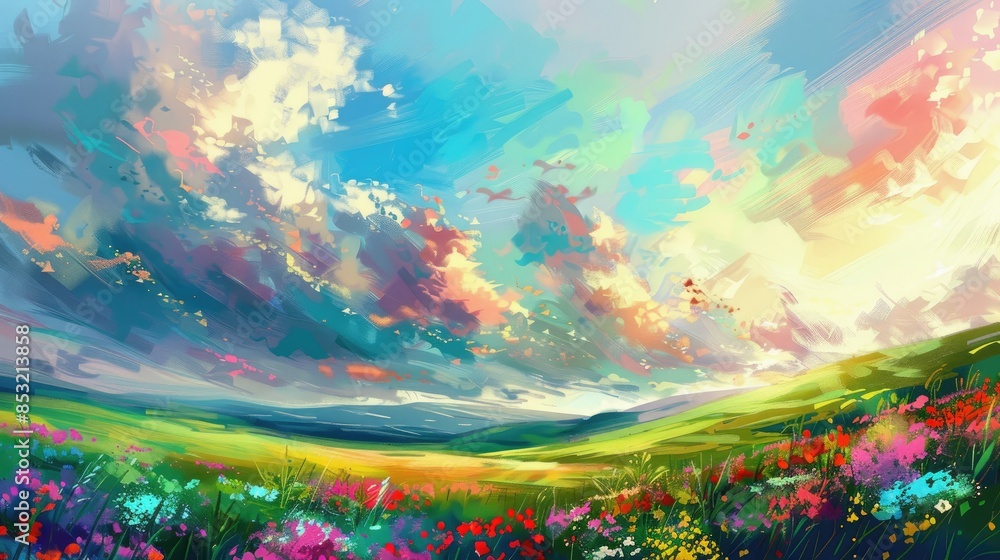 Obraz premium Landscape artwork featuring sky flowers vibrant colors green grass and natural light