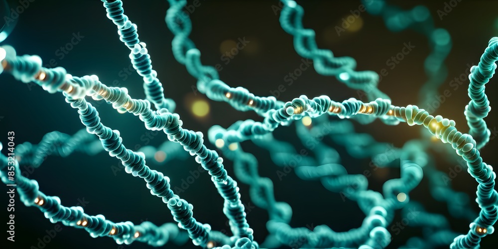 A microscope focusing on illuminated DNA strands, representing the fusion of scientific discovery and genetic research. A microscope focusing on illuminated DNA strands, representing the fusion of scientific discovery and genetic research.