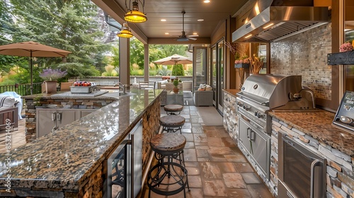 elegant outdoor kitchen with granite countertops, stainless steel appliances, and a bar area with high stools