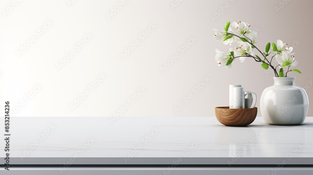 Front view white countertop with white blur background, kitchen interior design concept. Front view white countertop with white blur background, kitchen interior design concept.