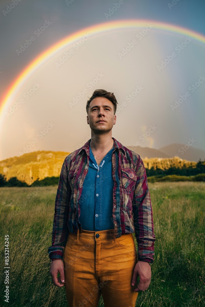 This image shows a person standing in a field of grass. There is a rainbow in the sky behind them. The person is wearing a blue shirt and orange pants.
This image shows a person standing in a field of grass. There is a rainbow in the sky behind them. The person is wearing a blue shirt and orange pants.