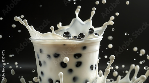 boba tea splashing milk and black pearls on dark background