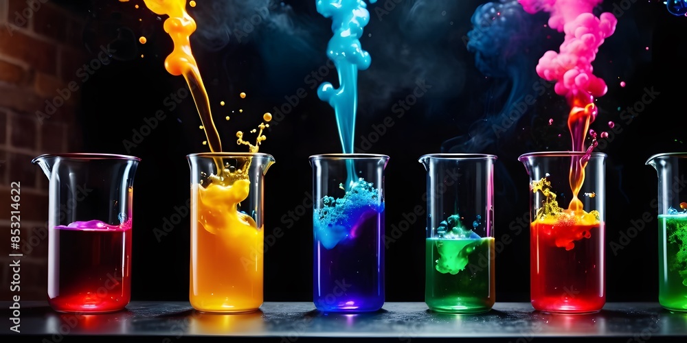 Explosive splashes of colorful liquids erupt from various glass beakers ...