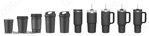 Thermo cup with handle and straw. 20, 30, 40 oz. Travel thermos. Set of black mugs. Tumbler. Sport shaker,. Paper cup with plastic lid and cupholder	