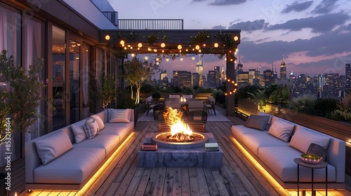 Wallpaper Mural exclusive penthouse terrace with a fire pit, comfortable modular sofas, and decorative outdoor lighting, ideal for evening gatherings with a city skyline view Torontodigital.ca