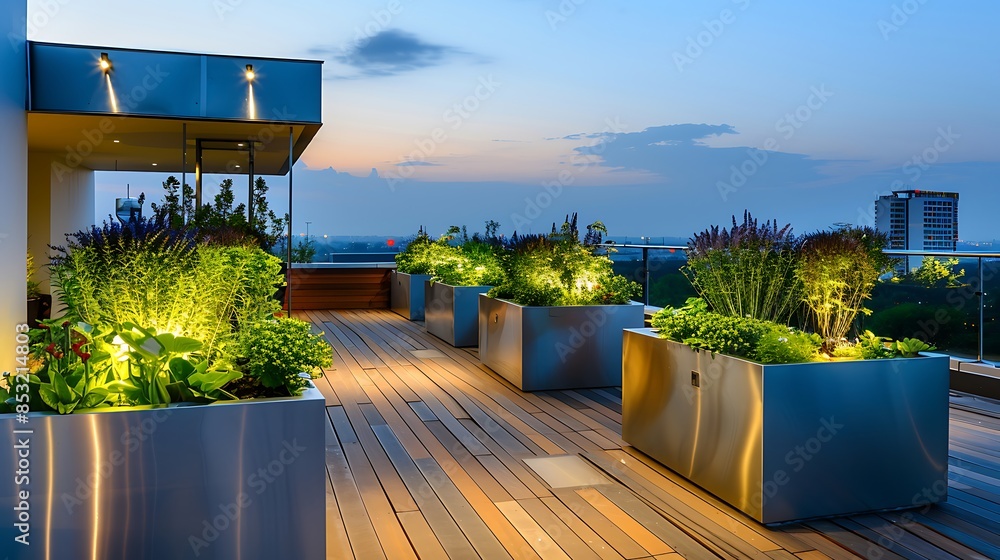 Fototapeta premium exclusive rooftop garden with a sleek modern design, including stainless steel planters, wooden decking, and ambient lighting for nighttime allure