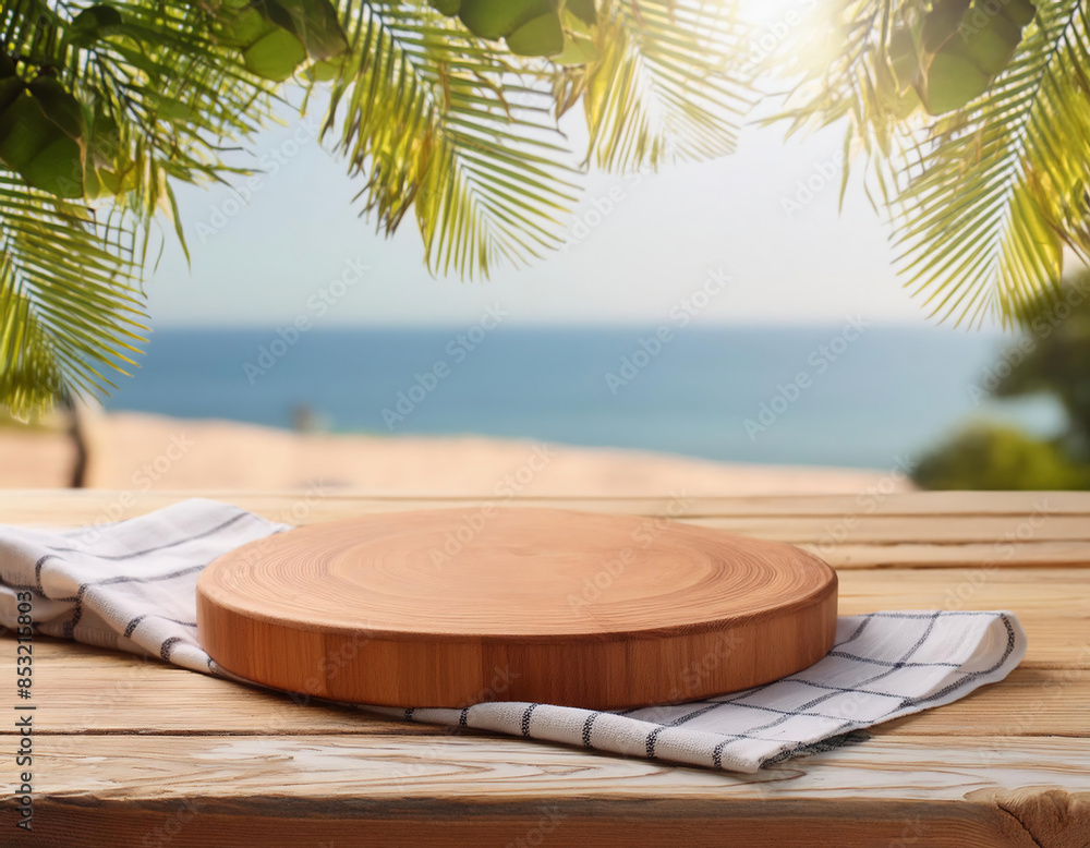 Obraz premium A summer wooden podium with a sandy tropical sea and blurred palm leaves in the background. space for your product mock-up