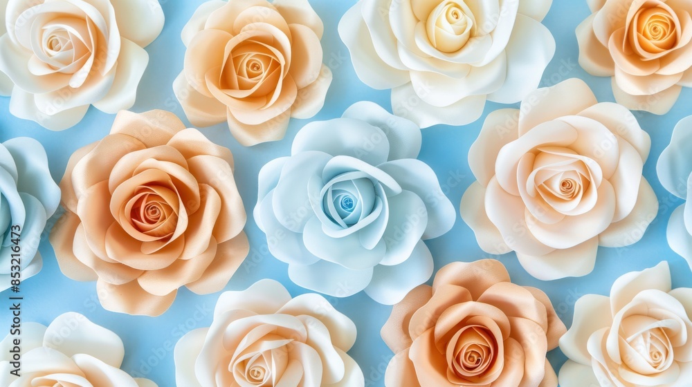 A close-up image of pastel paper roses arranged on a blue background A close-up image of pastel paper roses arranged on a blue background