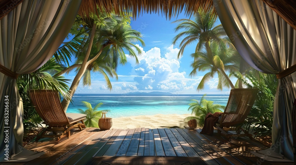 Landscape of beach. Tropical panorama, luxury water bungalow villa resort. Luxury travel destination background for summer holiday and vacation concept. High quality AI generated image Landscape of beach. Tropical panorama, luxury water bungalow villa resort. Luxury travel destination background for summer holiday and vacation concept. High quality AI generated image
