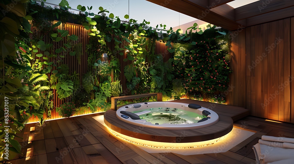 Fototapeta premium opulent rooftop terrace with a private hot tub, surrounded by a privacy screen of lush vertical gardens and soft, integrated lighting for nighttime ambiance