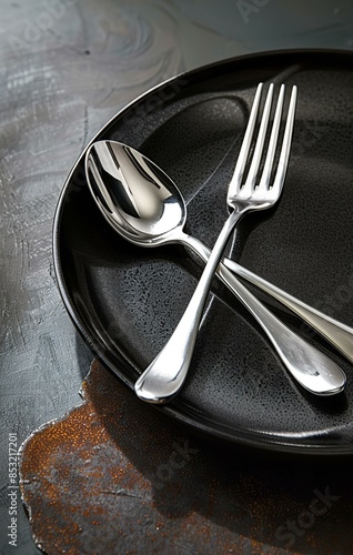 Gleaming spoon and fork crossed on a white plate.