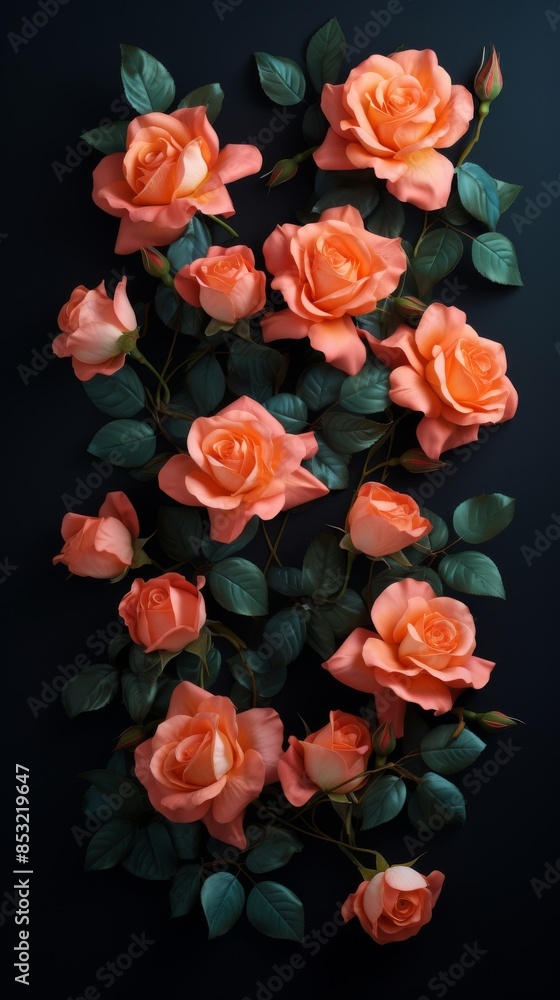 A bouquet of delicate peach roses arranged on a black background A bouquet of delicate peach roses arranged on a black background