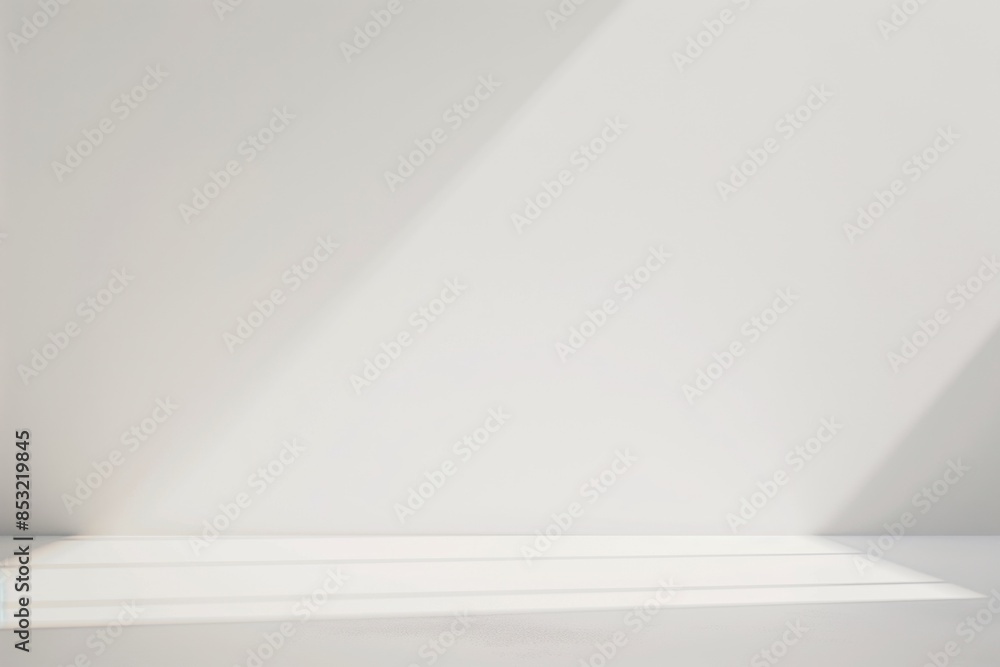 Minimalistic image of an empty white shelf on a plain wall with soft shadows and a clean background Minimalistic image of an empty white shelf on a plain wall with soft shadows and a clean background