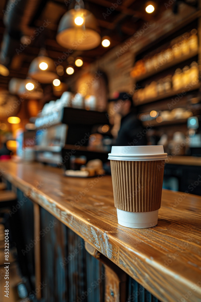 Coffee to go cup on wood table, coffee shop counter top. Blank labeled cup. Coffee, espresso, macchiato, take away. Coffee to go cup on wood table, coffee shop counter top. Blank labeled cup. Coffee, espresso, macchiato, take away.