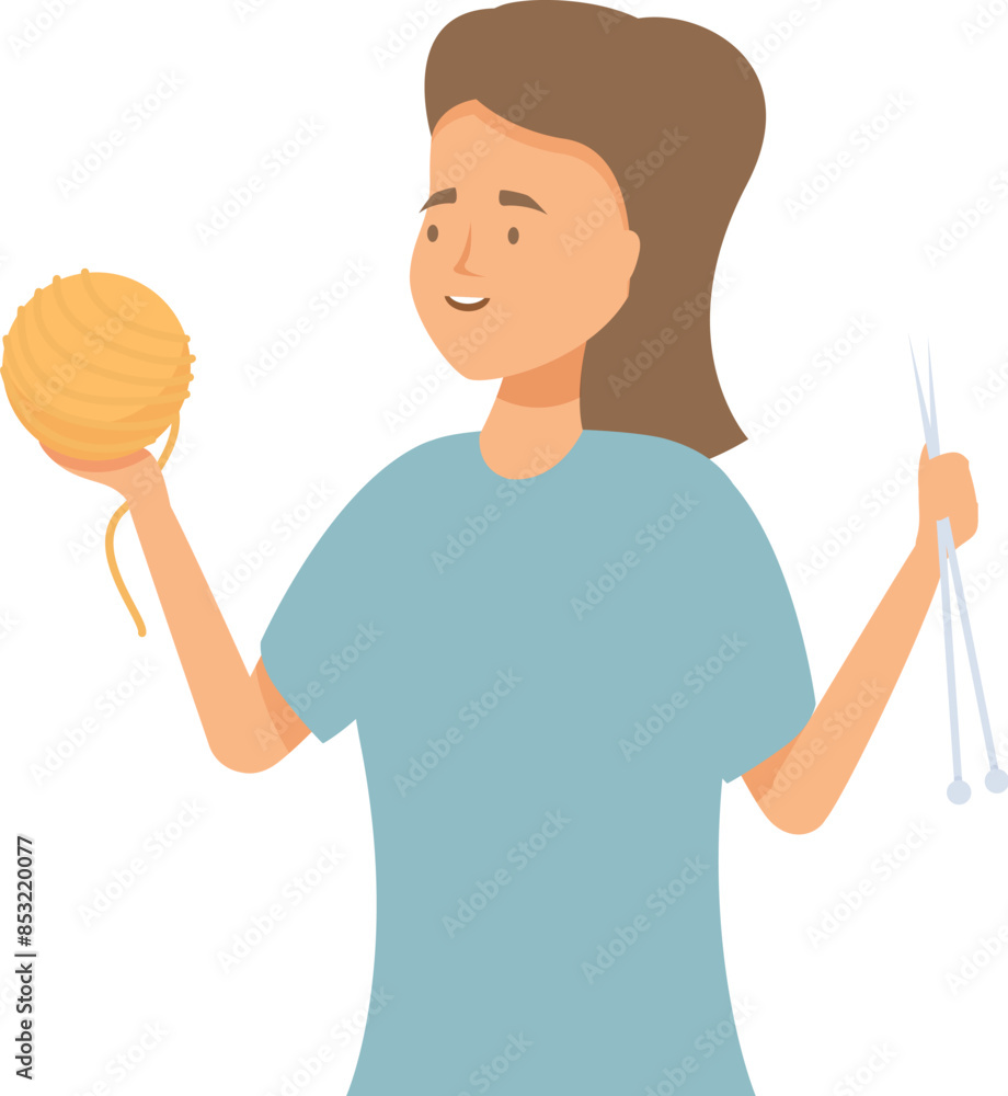 Smiling woman holding knitting needles and yarn ball is making warm clothes for the winter Smiling woman holding knitting needles and yarn ball is making warm clothes for the winter