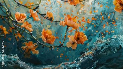 KA painting depicts orange blossoms against a blue canvas with a water wave in the lower right photo