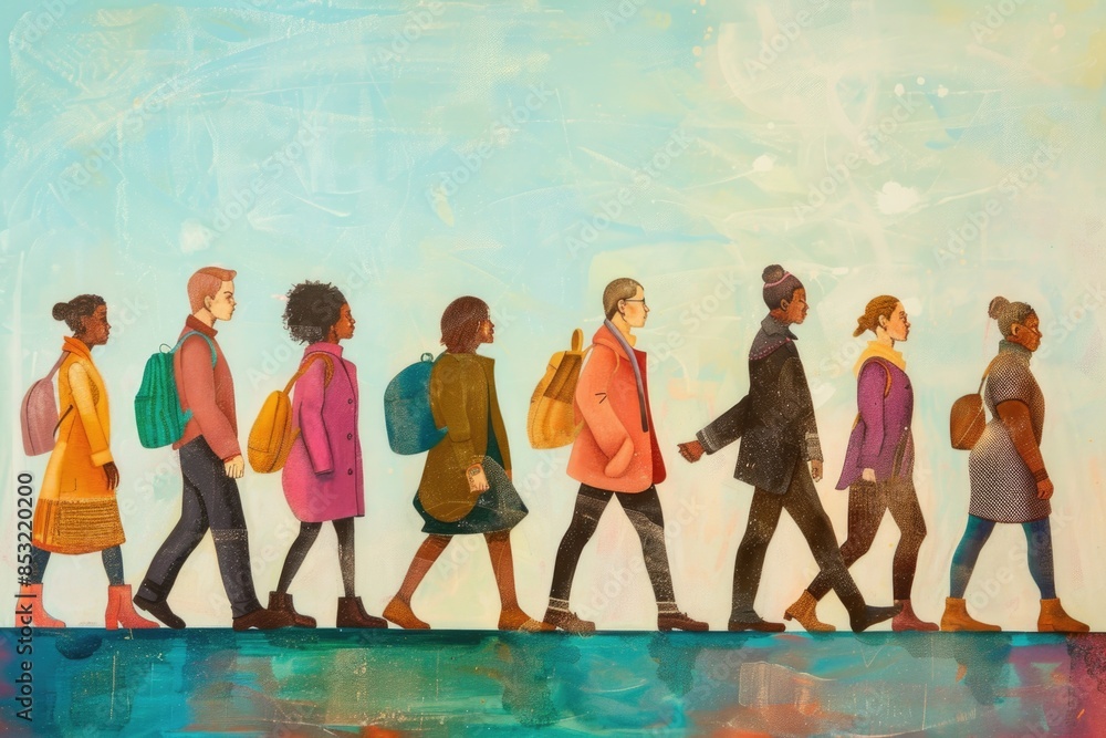A vibrant painting depicting a diverse group of people leisurely walking down a bustling city street, each engaged in their own unique activities and interactions A vibrant painting depicting a diverse group of people leisurely walking down a bustling city street, each engaged in their own unique activities and interactions