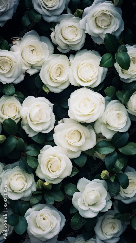 A close-up of delicate white roses blooming in a lush garden A close-up of delicate white roses blooming in a lush garden