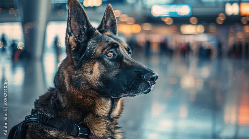 Portrait of a police dog on duty in a large city airport Portrait of a police dog on duty in a large city airport