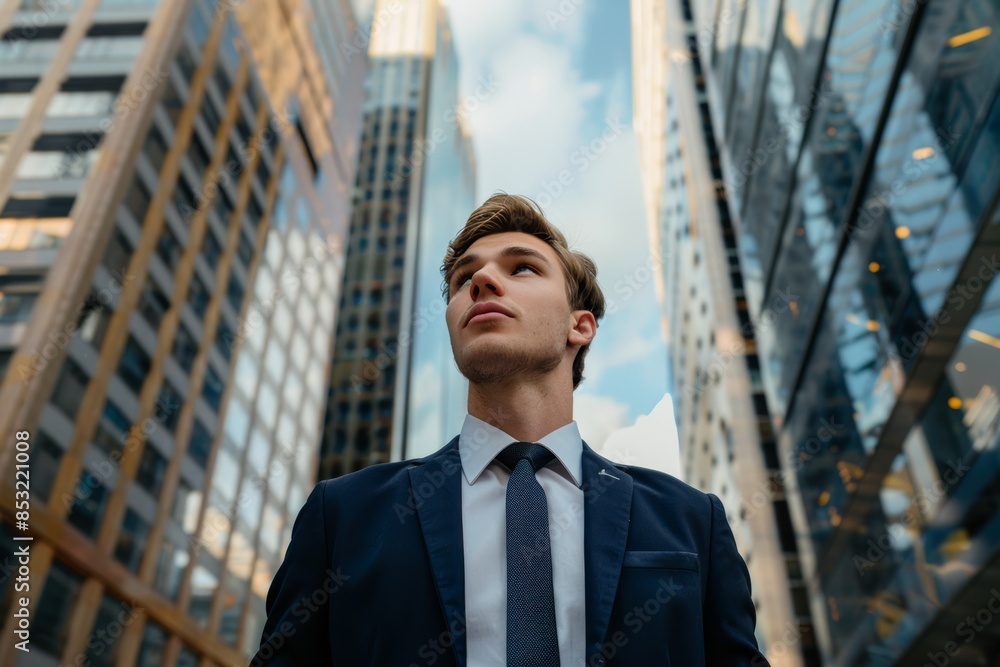 Young businessman in urban setting, confident and determined, modern architecture Young businessman in urban setting, confident and determined, modern architecture