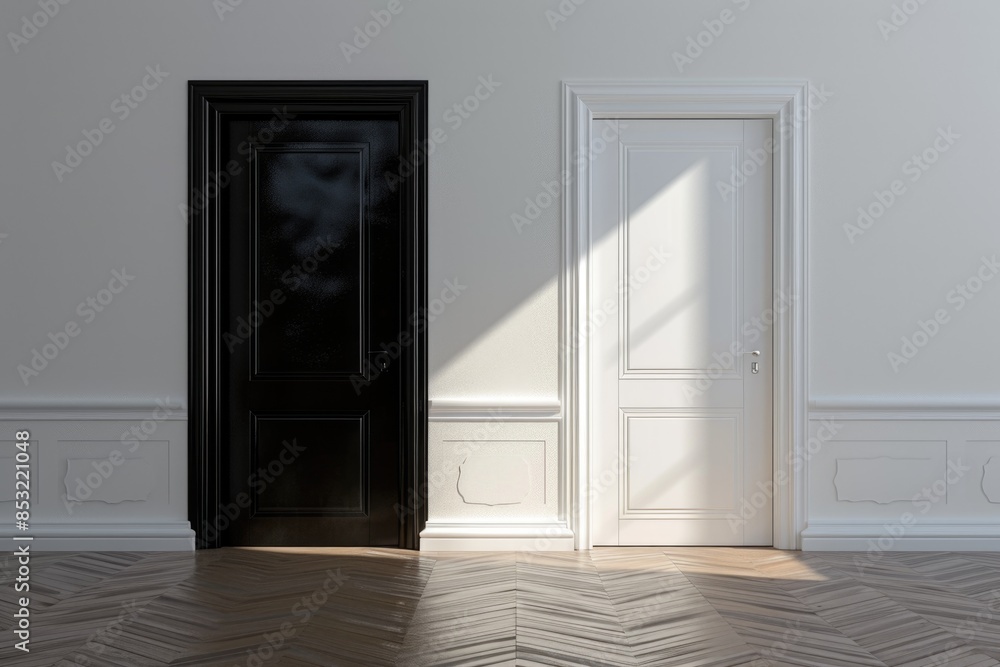 An empty room with contrasting doors - one black, one white - under the watchful gaze of a solitary window, inviting the imagination to wander An empty room with contrasting doors - one black, one white - under the watchful gaze of a solitary window, inviting the imagination to wander