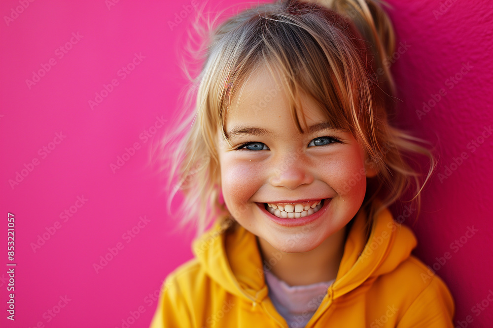 A young girl with blonde hair and blue eyes is smiling and wearing a yellow hoodie. She is standing in front of a pink wall A young girl with blonde hair and blue eyes is smiling and wearing a yellow hoodie. She is standing in front of a pink wall