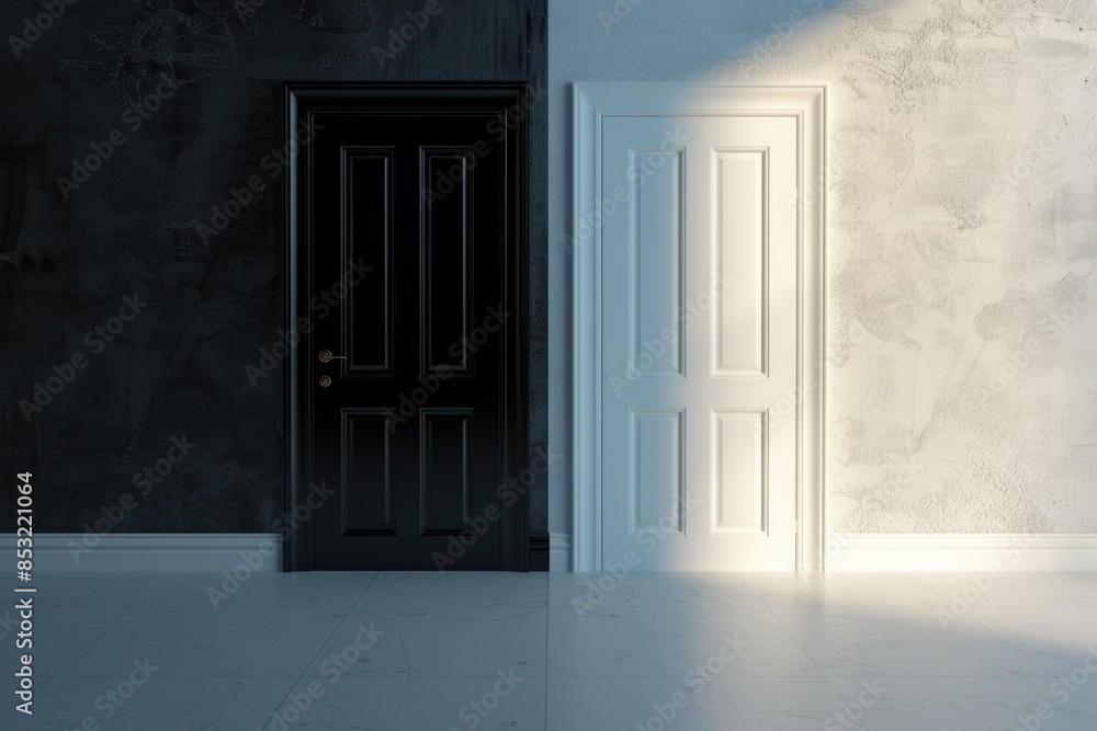 An empty room with a striking contrast between a black door and a white wall, creating a visually intriguing and minimalistic setting An empty room with a striking contrast between a black door and a white wall, creating a visually intriguing and minimalistic setting