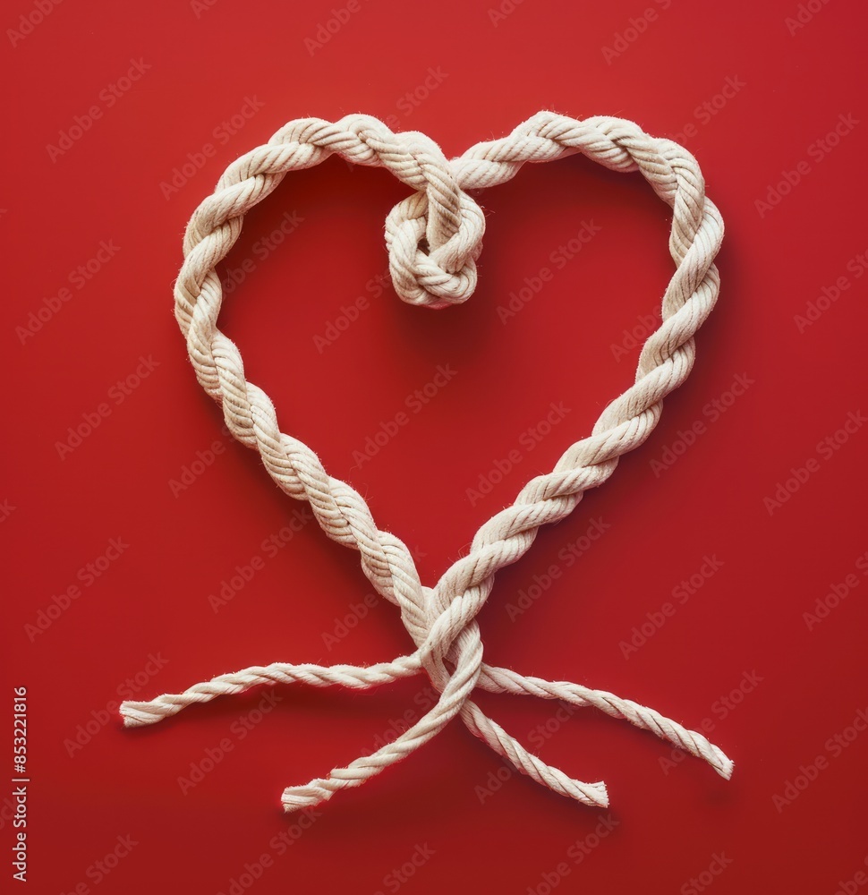A white rope with two ends, tied in the middle to form an heart shape on red background A white rope with two ends, tied in the middle to form an heart shape on red background