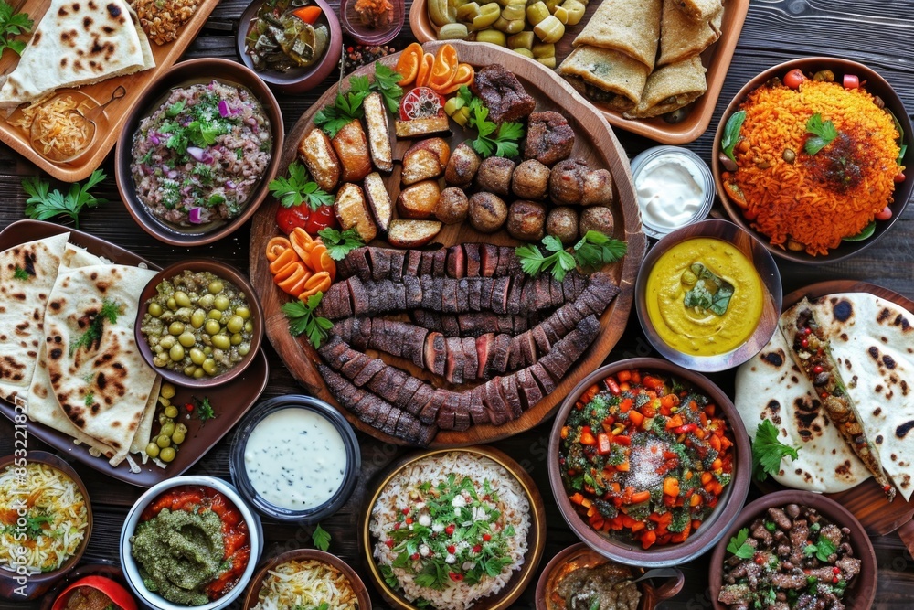 Fototapeta premium Flavorful traditions: A table laden with Middle Eastern specialties, an homage to time-honored recipes.