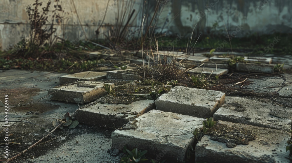 Group of weathered square bricks laying on the ground near a wall captured in a landscape photograph Group of weathered square bricks laying on the ground near a wall captured in a landscape photograph