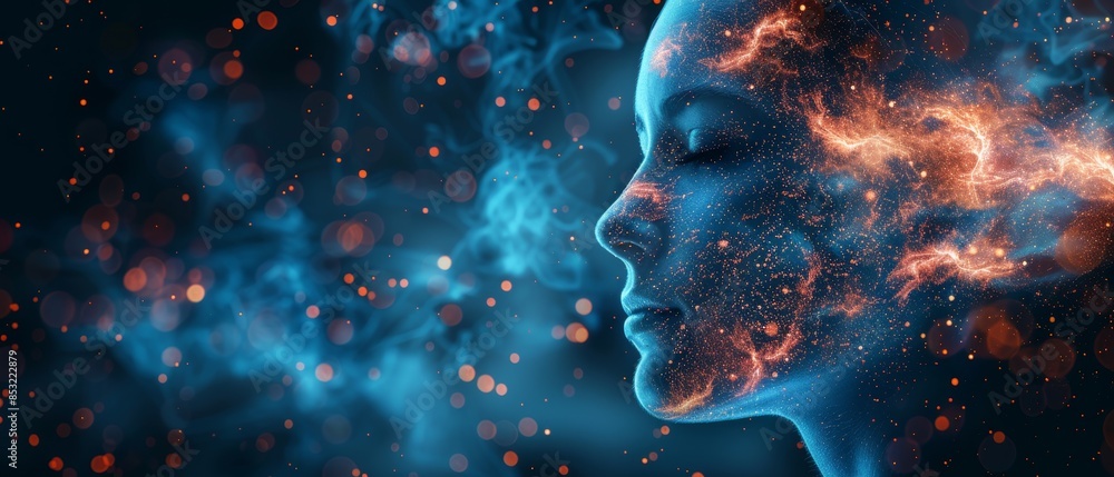 A digitally enhanced image depicting a serene human face blending with cosmic elements, symbolizing the connection between humanity and the universe. A digitally enhanced image depicting a serene human face blending with cosmic elements, symbolizing the connection between humanity and the universe.