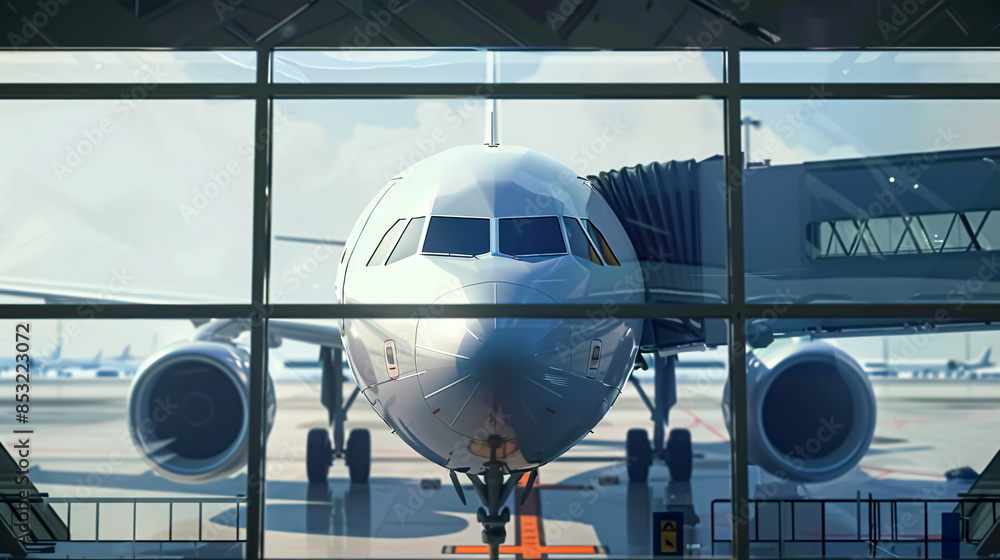 3d rendering of a passenger plane in an airport with a window 3d rendering of a passenger plane in an airport with a window