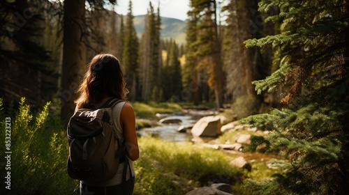 A Woman Admiring a Serene Forest Stream