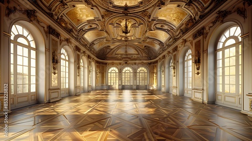 grandiose ballroom with gold leaf detailing on the ceilings, massive arched windows, and an elegant parquet dance floor