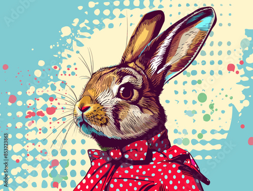 A rabbit wearing a red polka dot dress and a red bow tie. The rabbit is looking up at the camera