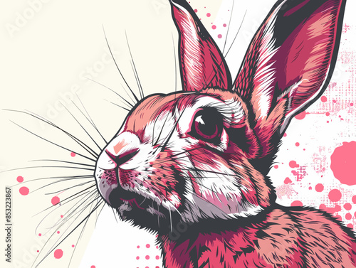 A rabbit with pink eyes and a pink nose. The rabbit is looking at the camera. The background is pink and has splatters of paint