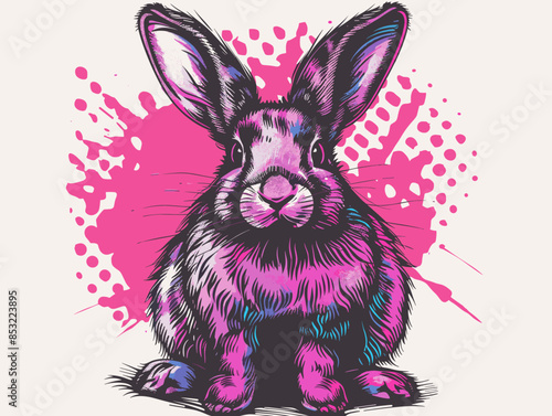 A rabbit is sitting on a pink background. The rabbit is the main focus of the image. The pink background gives the image a playful and whimsical mood