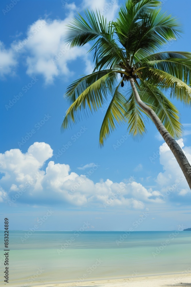A palm tree is standing on a beach with a clear blue sky. The sky is dotted with clouds, giving the scene a serene and peaceful atmosphere. The palm tree is the focal point of the image