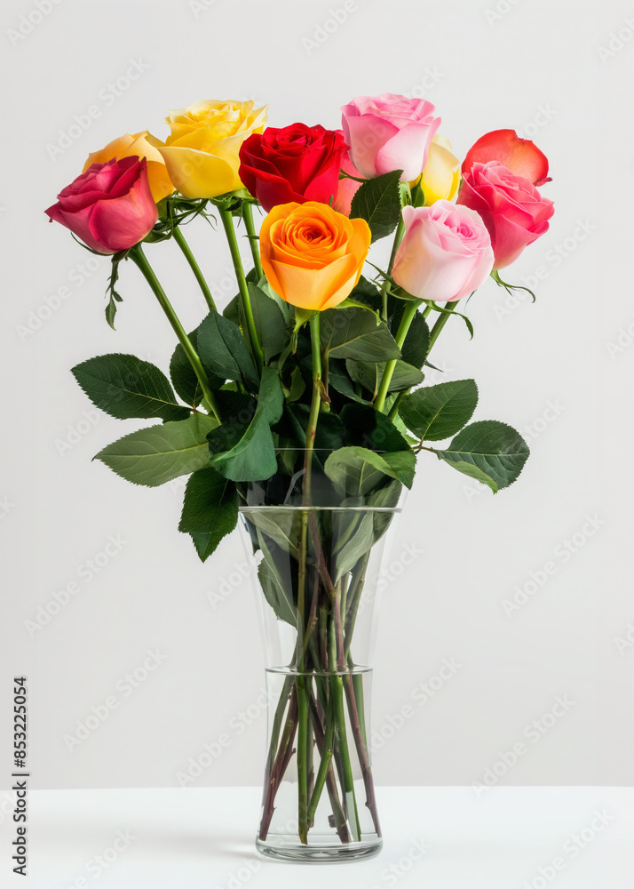 Fototapeta premium A vase of colorful roses sits on a white table. The roses are of various colors, including pink, yellow, and purple. The vase is clear.