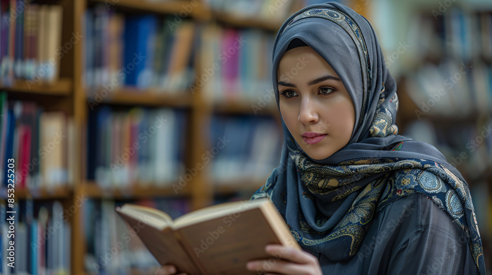 Serene Muslim Student Reading Book in University Library Study Area with Copy Space. Serene Muslim Student Reading Book in University Library Study Area with Copy Space.