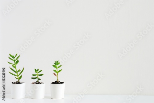 Three small plants are in white pots on a white background. The plants are arranged in a row, with the tallest one in the middle and the shortest one on the right. The white background creates a clean photo