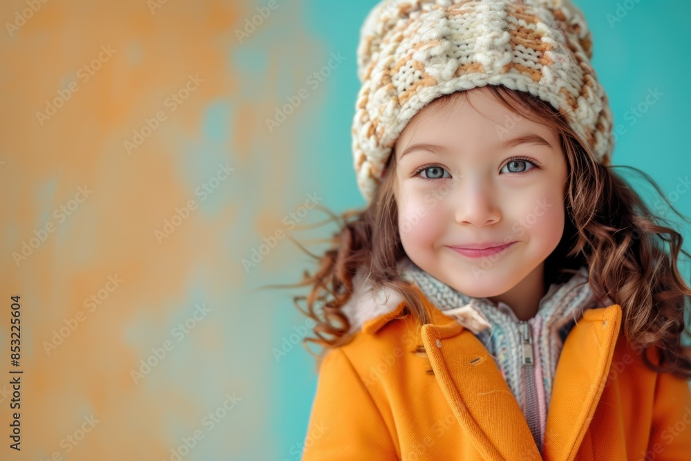 girl in an orange hat. And an orange jacket. Place for text. Autumn. Child's curly hair. girl in an orange hat. And an orange jacket. Place for text. Autumn. Child's curly hair.